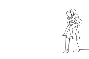 Single continuous line drawing Arabic man carry his girlfriend on his back. Happy romantic couple in love. Relationship concept in always supporting and helping in any situation. One line draw graphic