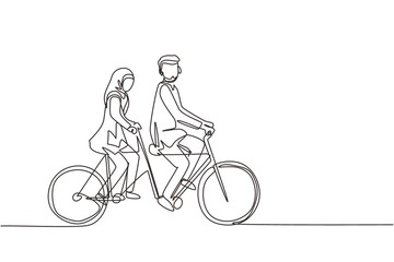 Fototapeta na wymiar Continuous one line drawing romantic Arabic couple. Couple is riding tandem bicycle together. Happy family. Intimacy celebrates wedding anniversary. Single line draw design vector graphic illustration