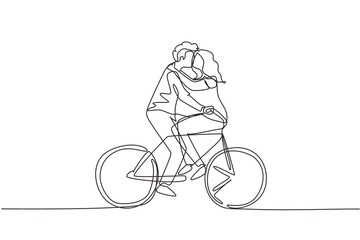 Single continuous line drawing active couple riding on bike together. Happy enamored man and woman cyclist hugging feeling love. Smiling people enjoying outdoors activity. One line draw graphic vector