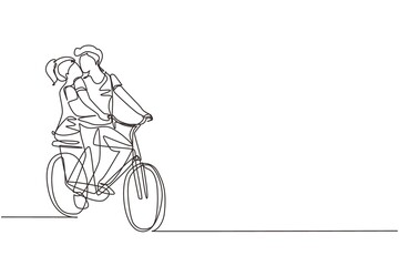 Continuous one line drawing young loving couple cycling. Romantic human relations, love story, newlywed family in honeymoon traveling adventure, passion, emotions. Single line design vector graphic