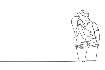 Single one line drawing boy and girl in love and kissing. Couple lovers kissing and hugging. Happy man and woman celebrating wedding anniversary. Continuous line design graphic vector illustration