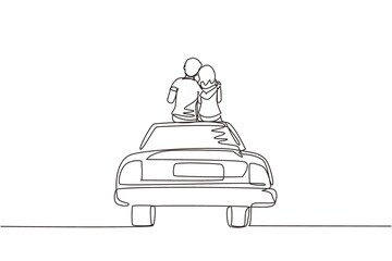 Single one line drawing loving couple sitting on the vintage car. Happy couple getting ready for wedding. Engagement and love relations. Modern continuous line draw design graphic vector illustration