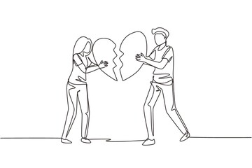 Single one line drawing heartbroken couple parting, divorce. Sad young man and woman trying to put together parts of broken heart. Modern continuous line draw design graphic vector illustration