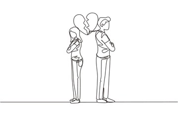 Single continuous line drawing divorced couple or couples are angry. Relationship break up, broken heart, couple facing opposite direction. Dynamic one line draw graphic design vector illustration