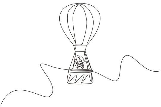 Single one line drawing funny illustration of love kissing couple in hot-air balloon in sky and clouds, amorous relationship. Romantic road trip, journey. Modern continuous line draw design graphic