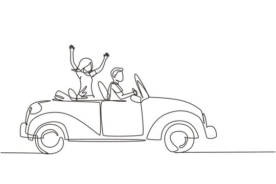 Single continuous line drawing newly married couple groom in vehicle. Happy man and woman riding wedding car. Married couple romantic relationship. One line draw graphic design vector illustration