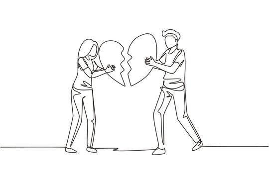 Single one line drawing heartbroken couple parting, divorce. Sad young man and woman trying to put together parts of broken heart. Modern continuous line draw design graphic vector illustration