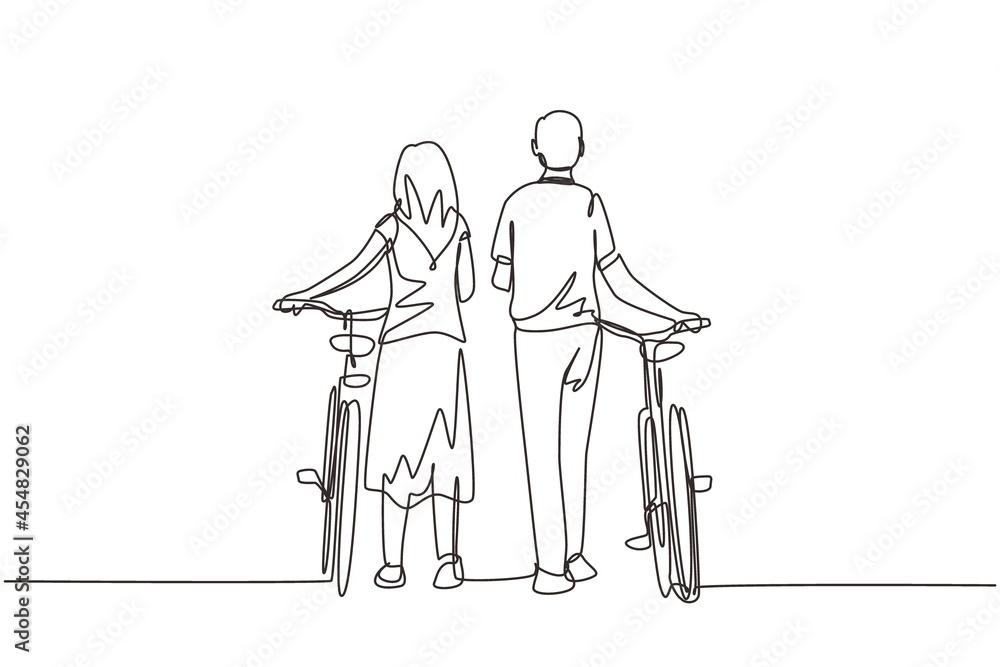 Wall mural Single continuous line drawing rear view couple man and woman walking together with bicycle. Young boy and girl in love. Happy romantic married couple. One line draw graphic design vector illustration