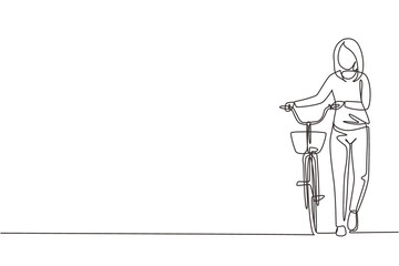 Single one line drawing walking young female with bicycles. Happy woman take walk with bicycle at city road. Healthy lifestyle of urban people. Continuous line draw design graphic vector illustration