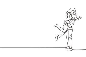 Single one line drawing man making proposal marriage to woman with rose flower. Boy surprises his girl and giving flowers. Engagement and love relation. Continuous line draw design graphic vector