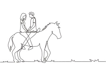 Continuous one line drawing couple riding horses face to face at sunset. Happy man making proposal marriage to woman. Engagement and love relation. Single line draw design vector graphic illustration