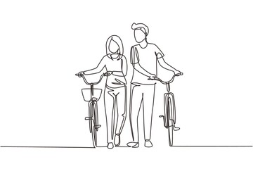 Single continuous line drawing cyclists walking down forest road with their bicycles on summer day. Young man and woman in love. Happy romantic married couple. One line draw graphic design vector
