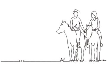 Continuous one line drawing couple riding horses hand in hand at sunset. Happy man making proposal marriage to woman. Engagement and love relation. Single line draw design vector graphic illustration