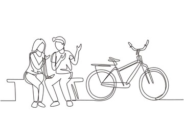 Single continuous line drawing romantic couple chatting while sitting on bench. Romantic teenage couple ride bike. Young man and woman in love. Dynamic one line draw graphic design vector illustration