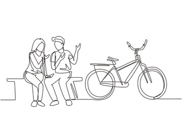 Fototapeta premium Single continuous line drawing romantic couple chatting while sitting on bench. Romantic teenage couple ride bike. Young man and woman in love. Dynamic one line draw graphic design vector illustration