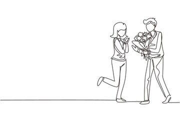 Continuous one line drawing man making proposal marriage to woman with bouquet. Boy surprises his girl and giving flowers. Engagement and love relation. Single line design vector graphic illustration