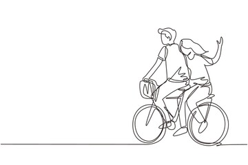 Fototapeta premium Continuous one line drawing romantic couple having fun on date riding bicycle. Back view of romantic teenage couple ride bike. Young man and woman in love. Single line draw design vector graphic