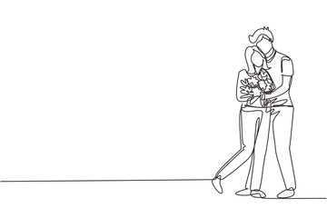 Single continuous line drawing man gives flowers to woman and hug her. Young man giving to woman bouquet of flowers for propose. Happy romantic couple in love. One line draw graphic design vector