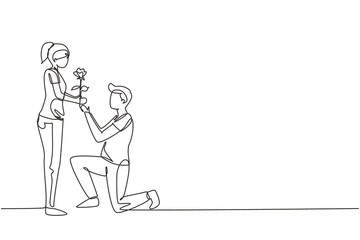 Fototapeta na wymiar Single one line drawing man on knee gives flowers to woman. Young guy giving to girl rose flower for propose her. Happy romantic couple in love. Continuous line draw design graphic vector illustration