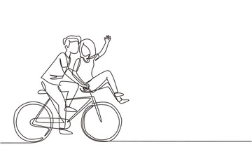 Single one line drawing cute romantic couple on date riding bicycle. Young man and woman in love. Happy married couple cycling together. Modern continuous line draw design graphic vector illustration