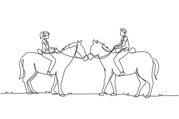 Single continuous line drawing romantic couple in love riding horse. Young man and woman meet for dating with ride horse. Engagement and love relation. One line draw graphic design vector illustration
