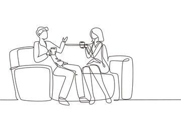 Single one line drawing romantic couple sitting at sofa, talking and drinking coffee. Man and woman living together in apartment Romance and love concept. Continuous line draw design graphic vector