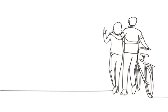 recommend clip art: Single continuous line drawing back view of young couple with bicycle walking in park on sunny autumn day. Man and woman in love. Happy romantic married couple. One line draw graphic design vector