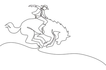 Single one line drawing cowboy taming wild horse at rodeo. cowboy on wild horse mustang. Rodeo cowboy riding wild horse on wooden sign. Modern continuous line draw design graphic vector illustration