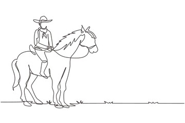 Fototapeta na wymiar Single continuous line drawing young man with cowboy hat riding horse. Senior men pose elegance on horseback. Cowboy riding standing horse. Dynamic one line draw graphic design vector illustration