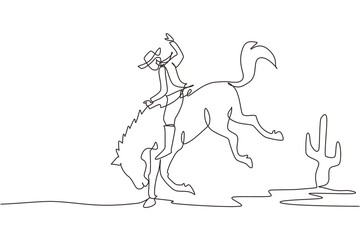 Fototapeta na wymiar Single continuous line drawing cowboy on wild horse mustang. Rodeo cowboy riding wild horse on wooden sign. Cowboy riding wild horse race. Dynamic one line draw graphic design vector illustration