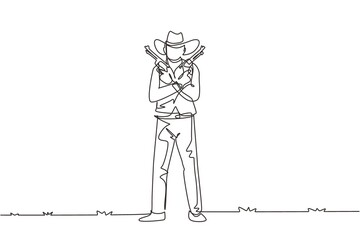 Single one line drawing wild west gunslinger holding two guns. American cowboys holding his two weapons above his chest. Weapons for self-defense. Modern continuous line draw design graphic vector