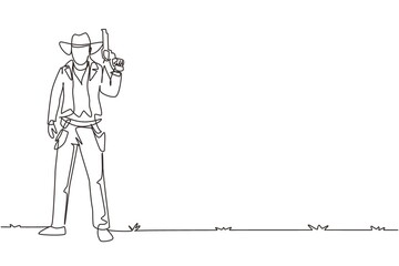 Single continuous line drawing smart cowboy with hat holding his gun. American gunslinger style holding gun concept. Weapons for self-defense. Dynamic one line draw graphic design vector illustration