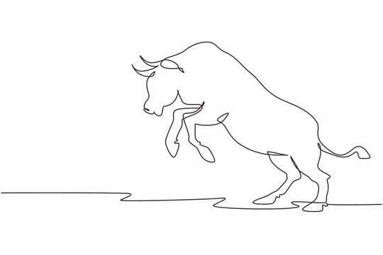 Single One Line Drawing Aggression Wild Bull Attack. The Bull Is Full Of Energy. Big Buffalo Stands Up Before Run. Angry Bull At Rodeo Arena. Continuous Line Draw Design Graphic Vector Illustration