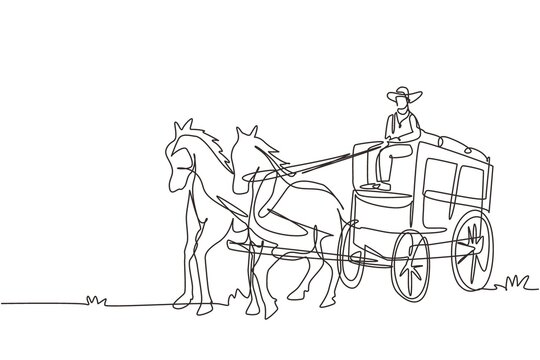 Continuous one line drawing old wild west horse-drawn carriage with coach. Vintage Western Stagecoach with horses. Wild west covered wagons in desert. Single line design vector graphic illustration