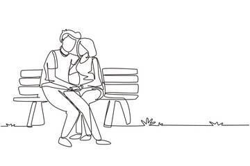 Single continuous line drawing romantic couple. Woman man sitting on bench in city park. Happy family concept. Intimacy celebrates wedding anniversary. One line draw graphic design vector illustration