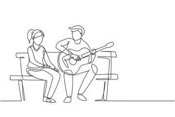 Single continuous line drawing people sitting on wooden bench in park. Couple on date, man playing music on guitar, girl listen and singing together. One line draw graphic design vector illustration