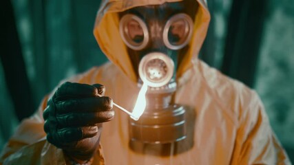 A man in a yellow protective suit, black gloves and a gas mask lights a match under the bridge.