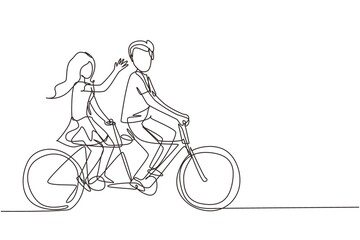Fototapeta na wymiar Continuous one line drawing romantic couple. Happy couple is riding tandem bicycle together. Happy family. Intimacy celebrates wedding anniversary. Single line draw design vector graphic illustration