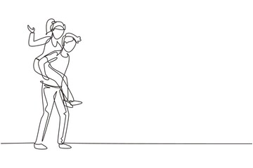 Single continuous line drawing teenage couple with man carrying woman on his back during music festival. Happy young romantic couple in love. Dynamic one line draw graphic design vector illustration