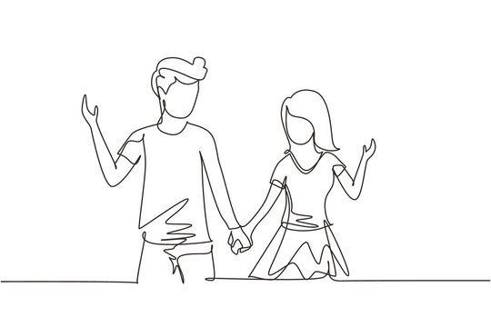 Continuous one line drawing cute young couple in love hand in hand. Romantic couple in love spending time together outdoors. Happy family concept. Single line draw design vector graphic illustration