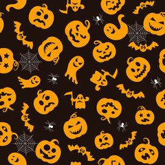 Seamless vector pattern for Halloween design. Halloween symbols: ghost, bat, pumpkin in cartoon style. Vector Illustration.