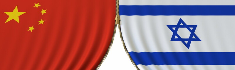 China and Israel cooperation or conflict, flags and closing or opening zipper between them. Conceptual 3D rendering