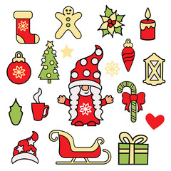 Girl gnome and Christmas design elements are on white background. Vector illustration set.