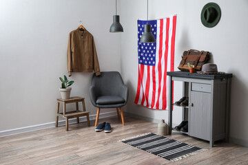 Interior of stylish hallway with USA flag