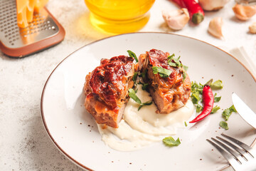 Plate with delicious minced meat boats, mushrooms and melted cheese on table