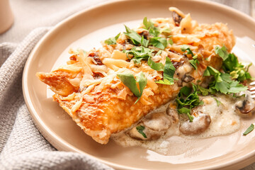 Plate with piece of delicious casserole with minced meat, closeup