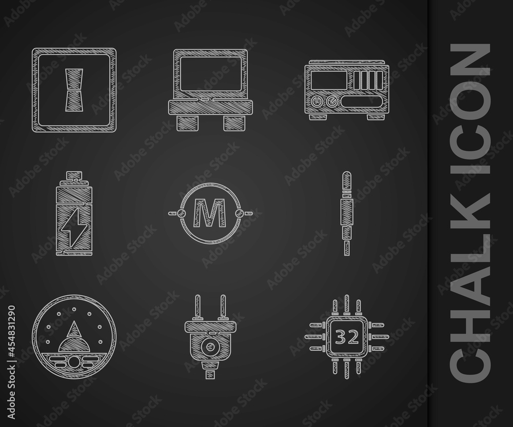 Poster set electric circuit scheme, plug, processor with microcircuits cpu, audio jack, ampere meter, multi