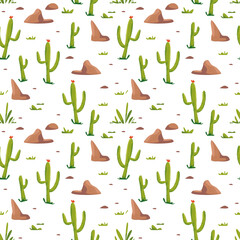 Seamless pattern with cacti and stones on a white background. Vector illustration in minimalistic flat style, hand drawing. Natural print for textiles, print design, postcards