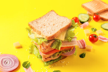 Tasty sandwich on color background, closeup