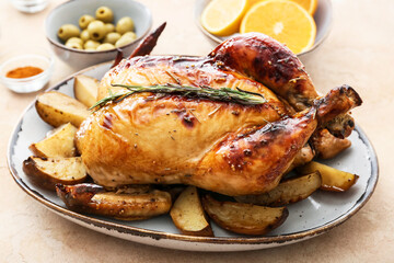 Plate with baked chicken and potato on color background, closeup